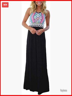 Sleeveless Maxi Dress with Floral Chevron Striped Pattern, High Waist, Flowy